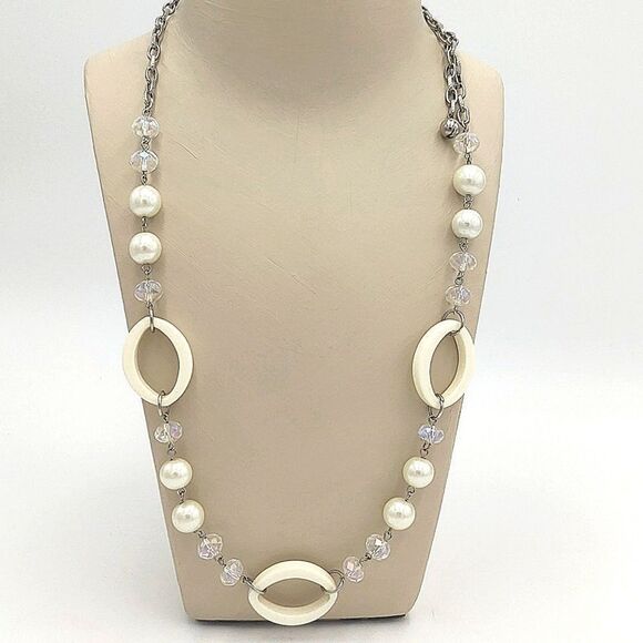 Funky Faux Pearl & Crystal Necklace - White & Silver - Picture 3 of 7